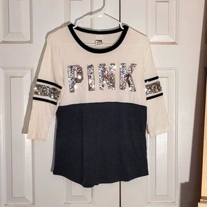 Victoria secret pink black sequin sparkly quarter sleeve tee shirt